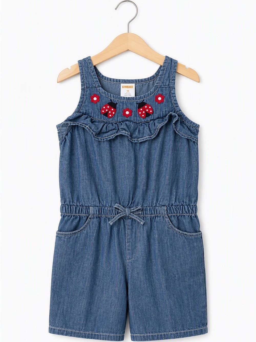Cottagecore Gymboree Girls Chambray Ladybug Embroidered Ruffle Romper Size 10